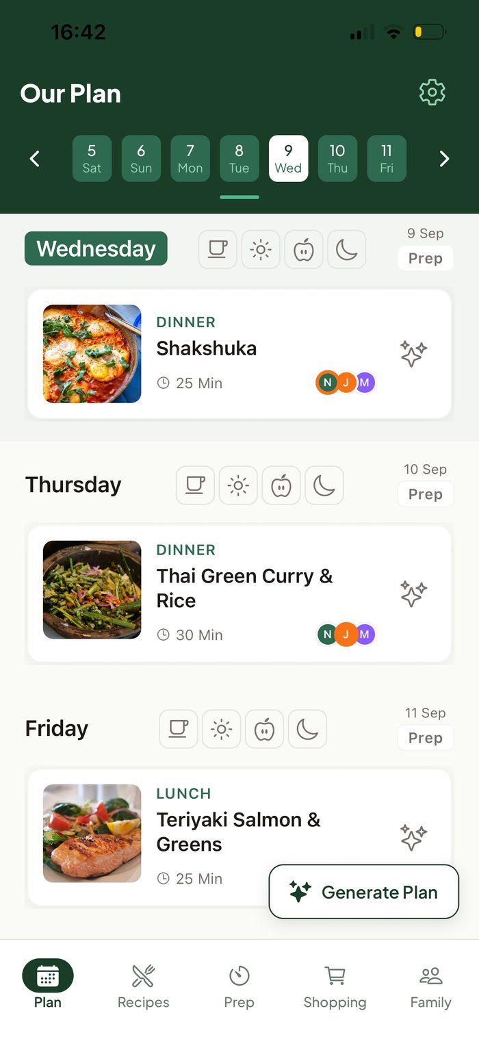 PrepFam weekly plan showing Shakshuka, Teriyaki Salmon & Greens and Thai Green Curry & Rice