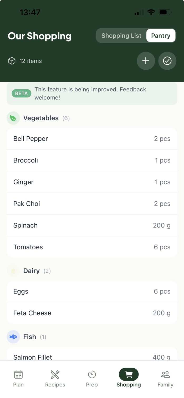 PrepFam pantry inventory showing staples like olive oil and rice, plus perishables like tomatoes, eggs, and salmon