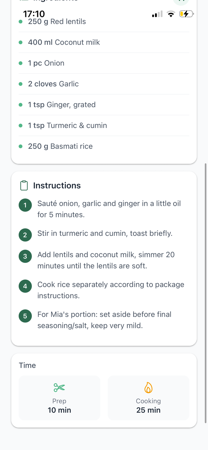 PrepFam Lentil Dal recipe instructions with a separate, milder step for Mia's portion