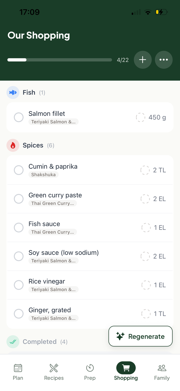 PrepFam shopping list grouped by aisle: Vegetables, Dairy, Meat, Fish