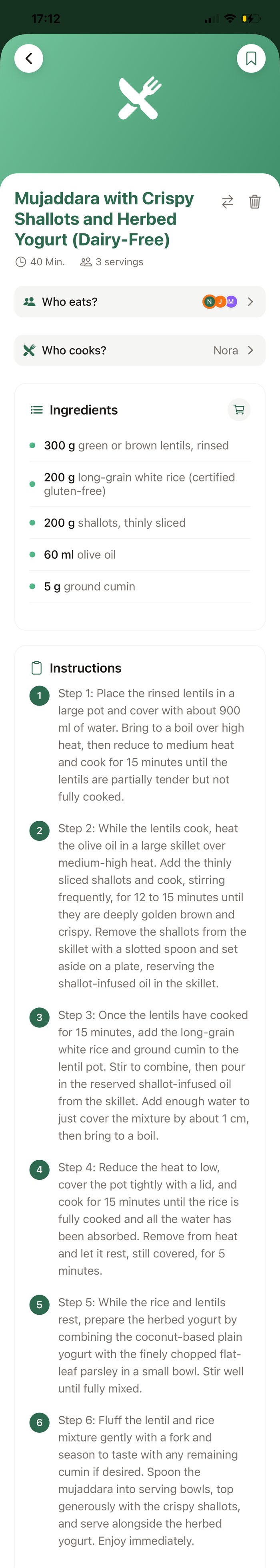 PrepFam AI-generated recipe: Mujaddara with Crispy Shallots and Herbed Yogurt, dairy-free, with Who eats and Who cooks assigned