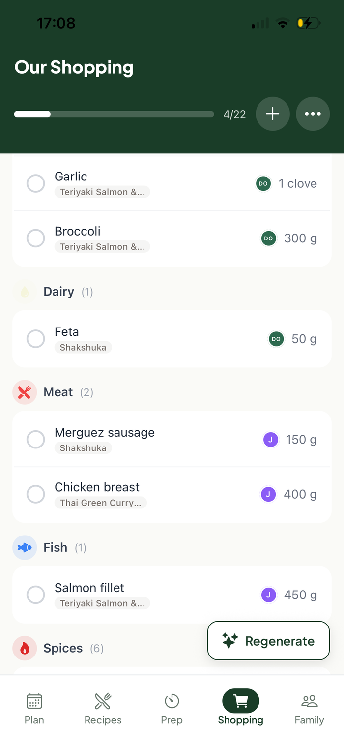 PrepFam shopping list showing claimed items with colored member badges and live check-off attribution