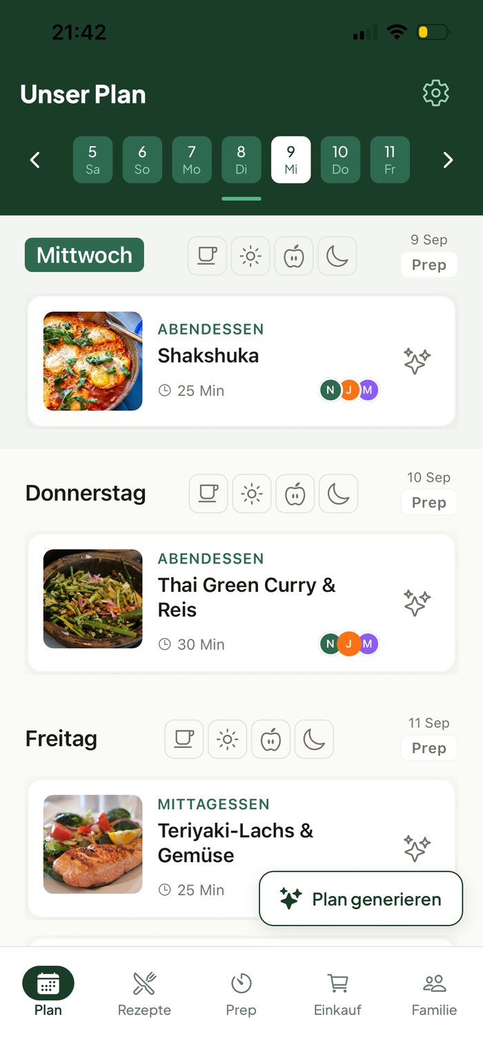 PrepFam Wochenplan mit Shakshuka, Thai Green Curry & Reis und Teriyaki-Lachs & Gemüse