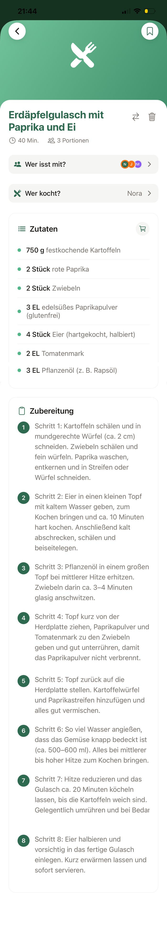 PrepFam KI-generiertes Rezept: Erdäpfelgulasch mit Paprika und Ei, mit Wer isst mit und Wer kocht