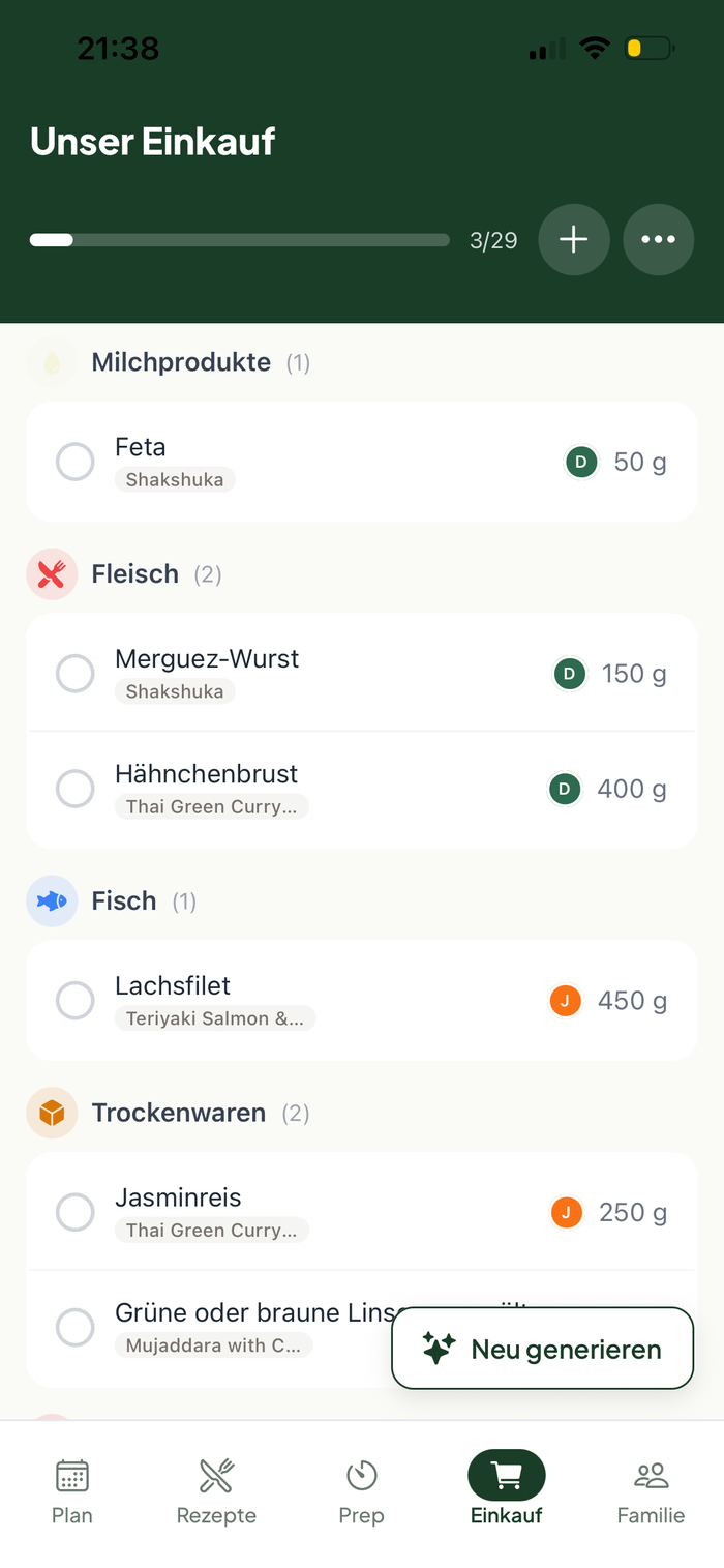 PrepFam Einkaufsliste mit geclaimten Artikeln, farbigen Mitglieder-Badges und Live-Zuordnung beim Abhaken