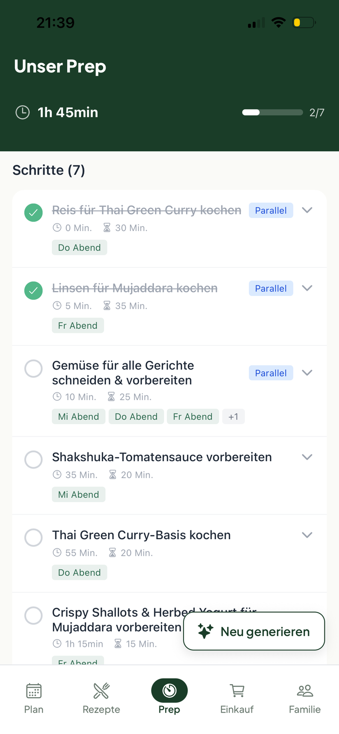 PrepFam Prep-Zeitleiste mit 7 gruppierten Aufgaben, Gesamtzeit und Parallel-Badges